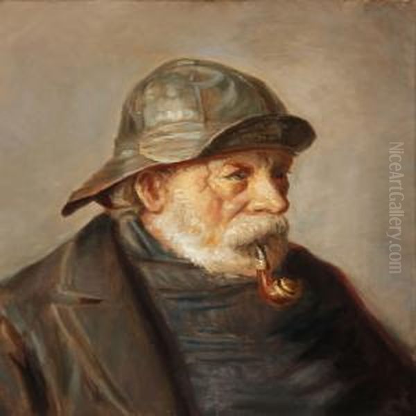 A Fisherman From Skagen Smoking A Pipe Oil Painting by Michael Ancher