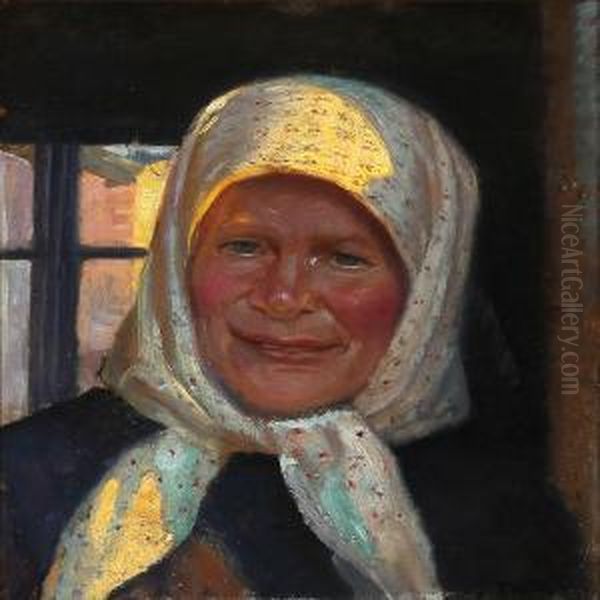 A Woman With A Floral Headscarf, Skagen Oil Painting by Michael Ancher