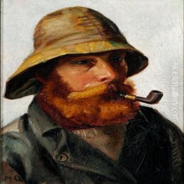 Red-bearded Fisherman With A Yellow Sou'wester Smoking A Pipe Oil Painting by Michael Ancher