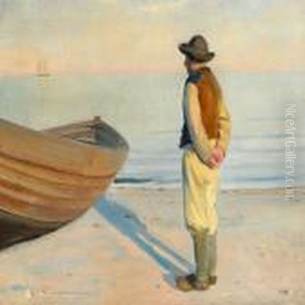 Fisherman On The Beach In Afternoon Light Oil Painting by Michael Ancher