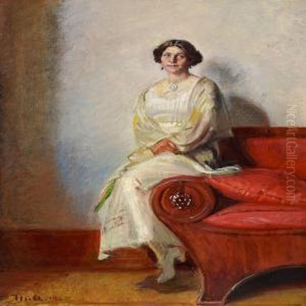 Portrait Of Henny Brodersen Seated On A Sofa Armrest Oil Painting by Michael Ancher