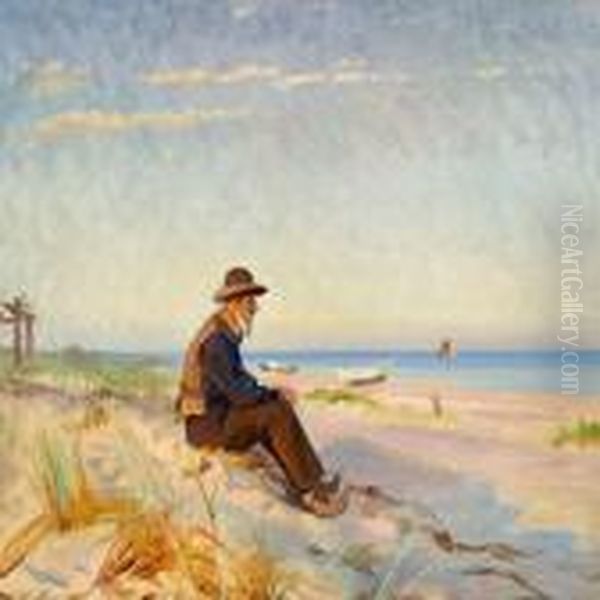 An Old Fisherman From Skagen In The Late Afternoon Sun Onthe Beach Oil Painting by Michael Ancher