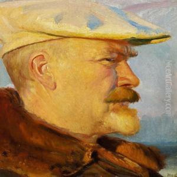 Selvportraet I Aftensol Med Hvid Malerkasket Oil Painting by Michael Ancher