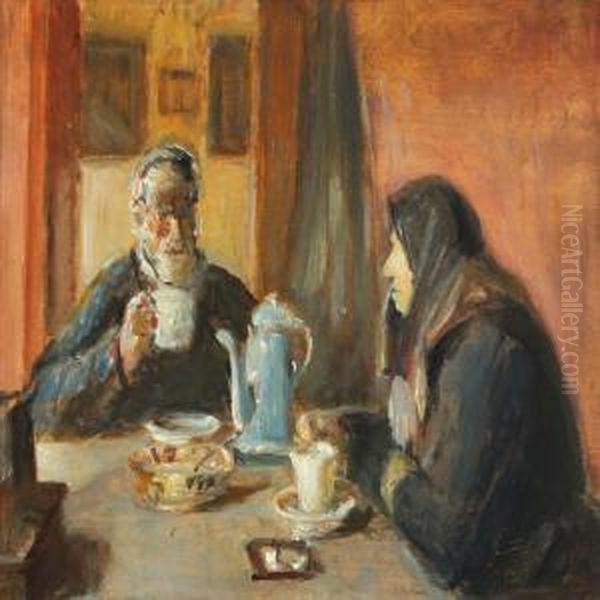 Interior With Couple Drinking A Cup Of Coffee Oil Painting by Michael Ancher