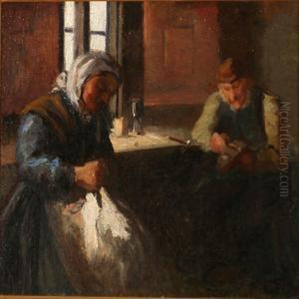 Interior With An Oldcouple Who Sews And Repairs Shoes Oil Painting by Michael Ancher