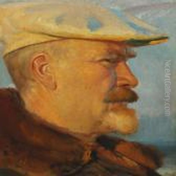 Self Portait In The Evening Sun Wearing A White Cap Oil Painting by Michael Ancher