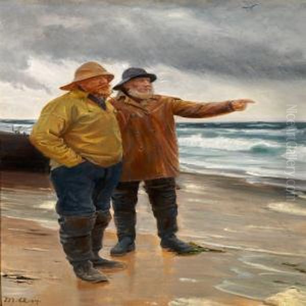 Two Fishermen On The Beach, One Is Pointing Towards The Sea Oil Painting by Michael Ancher