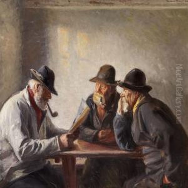 Three Fishermen At Atable Oil Painting by Michael Ancher