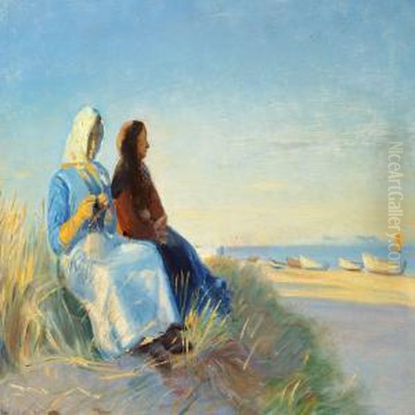 Two Fishermen'swifes In The Dunes At Skagen Sonderstrand Oil Painting by Michael Ancher