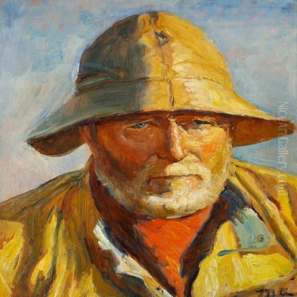 Fisherman With A Redscarf And A Yellow Sou'wester Oil Painting by Michael Ancher