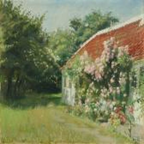 View From Garden In Bloom Oil Painting by Michael Ancher