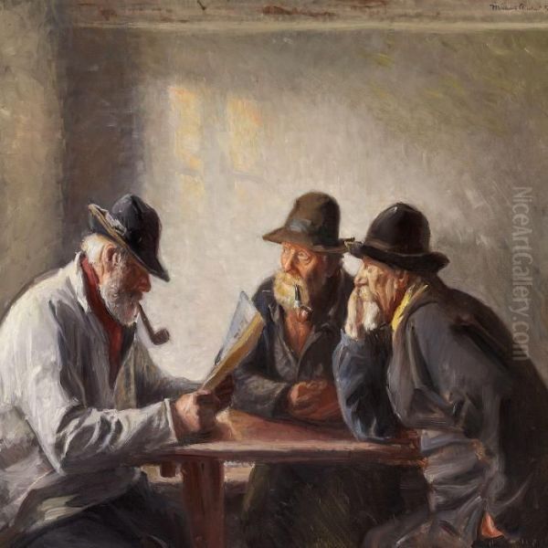 Three Fishermen At A Table Oil Painting by Michael Ancher