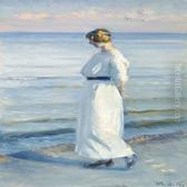 Young Woman In A Whitedress Walking On Skagen Beach Oil Painting by Michael Ancher