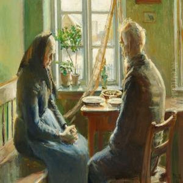 The Grace. A Fisherman And His Wife Are Saying Gracebefore The Meal. Oil Painting by Michael Ancher