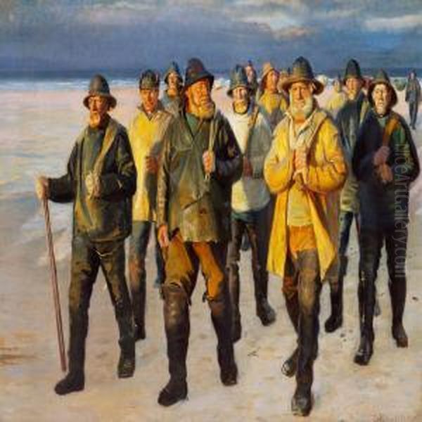 Fishermen Homewardbound From The Beach Oil Painting by Michael Ancher