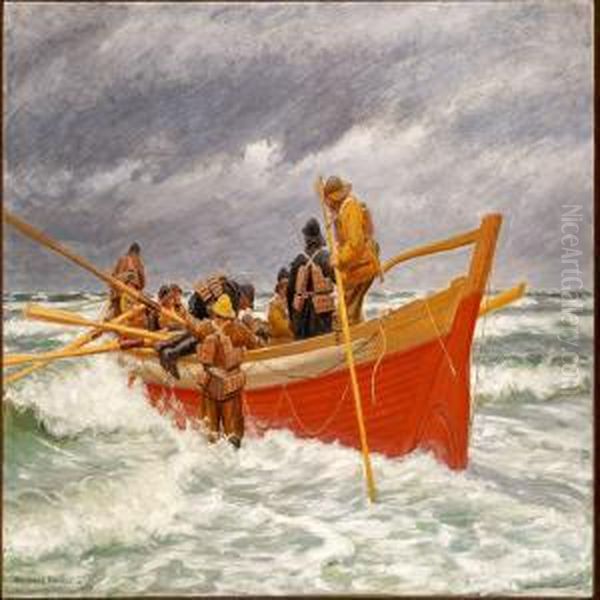 The Red Lifeboat Is Leaving Oil Painting by Michael Ancher