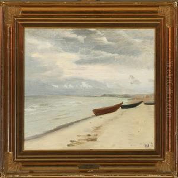 Boats On Skageb Beach Oil Painting by Michael Ancher