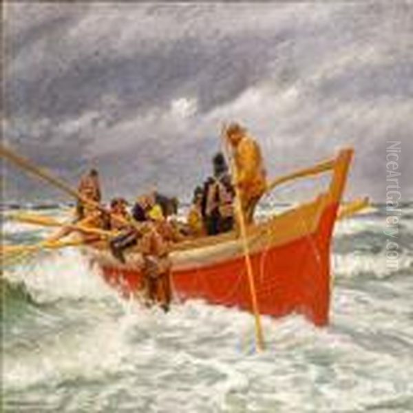 The Red Lifeboat Is Leaving Oil Painting by Michael Ancher