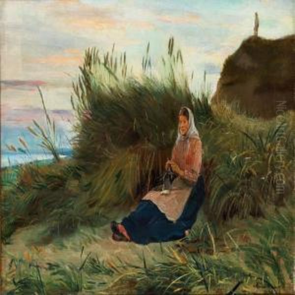 Fisherman's Wife In The Dunes Oil Painting by Michael Ancher