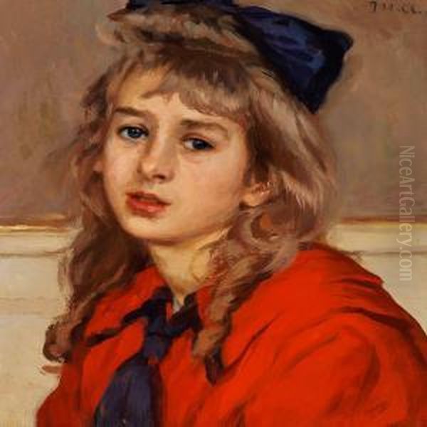 Girl In A Red Dress Oil Painting by Michael Ancher