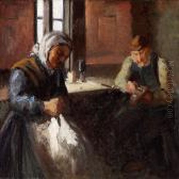 Interior With An Old Couple Sewing And Repairing Shoes Oil Painting by Michael Ancher