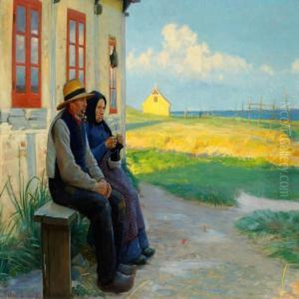 Two Elderly People In Front Of Their House On A Summer Evening Oil Painting by Michael Ancher