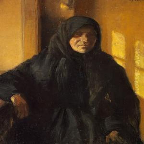 Interior With A Fisherman's Wife Dressed In Black In The Evening Sun Oil Painting by Michael Ancher