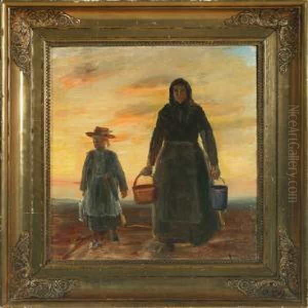 Mother And Daughter On The Road Oil Painting by Michael Ancher