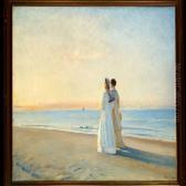 To Damer Vednordstranden. Solnedgang Oil Painting by Michael Ancher