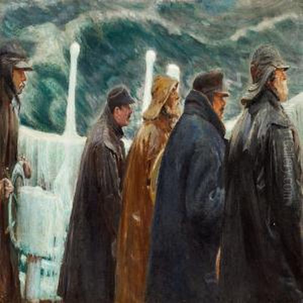 Five Sailors Standingon A Boat In Stormy Weather Oil Painting by Michael Ancher