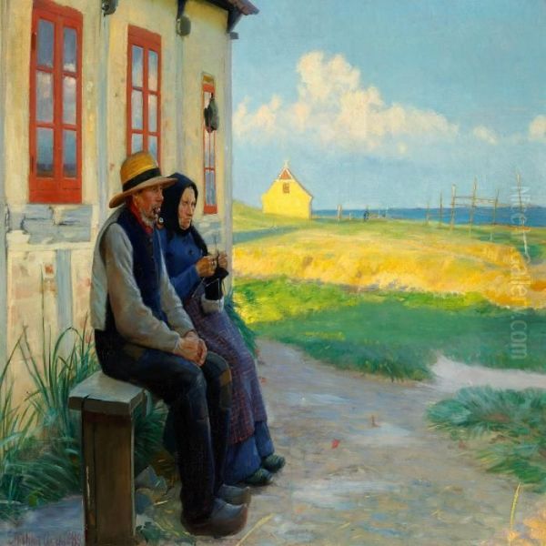 Two Elderly People In Front Of There House On A Summer Evening Oil Painting by Michael Ancher