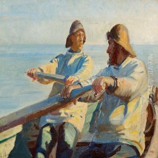 Two Fishermen In A Boat In The Sunshine Oil Painting by Michael Ancher