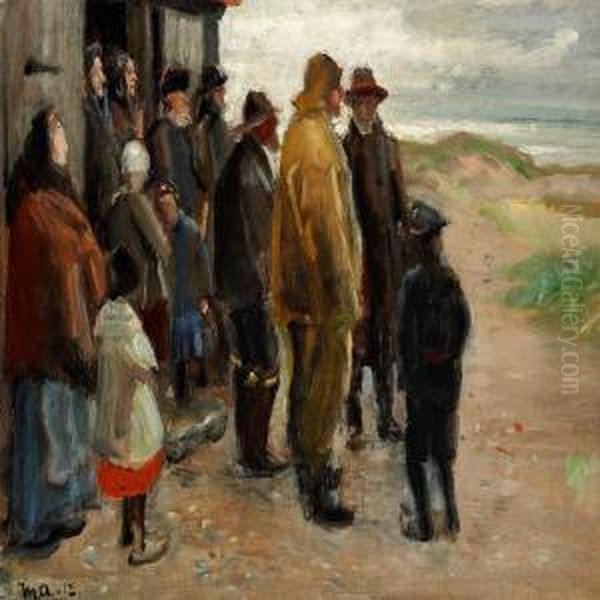 Fishermen, Fishermen's Wifes And Children In Front Of A House On Skagen Beach Oil Painting by Michael Ancher