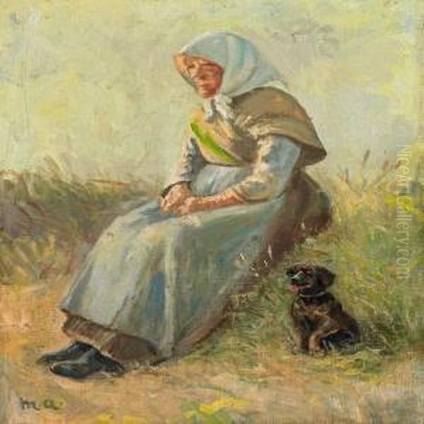 A Woman And Her Dog In The Dunes, Skagen Oil Painting by Michael Ancher