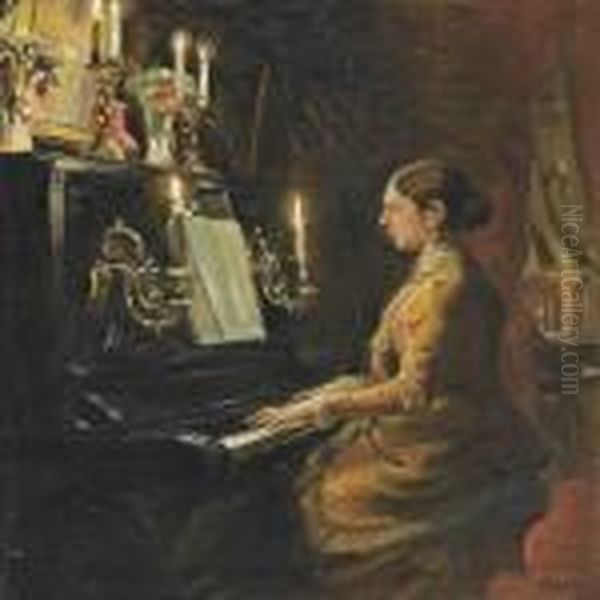 Anna Ancher At The Piano Oil Painting by Michael Ancher