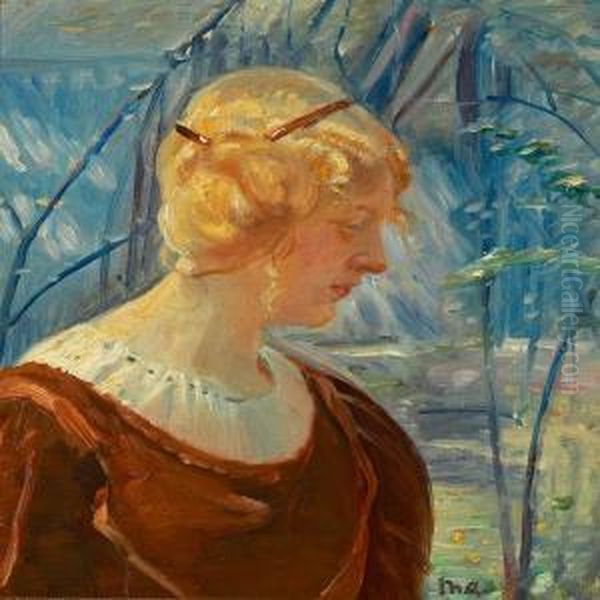 Portrait Of A Young Blond Woman In A Garden Oil Painting by Michael Ancher