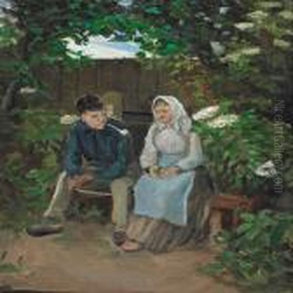 Exterior Med Kaerestepar Pa Baenk Oil Painting by Michael Ancher