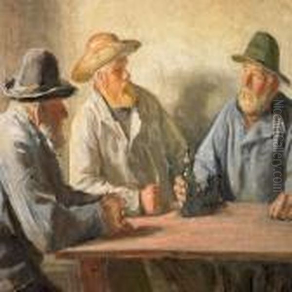 Three Fishermen Sitting At A Table Oil Painting by Michael Ancher