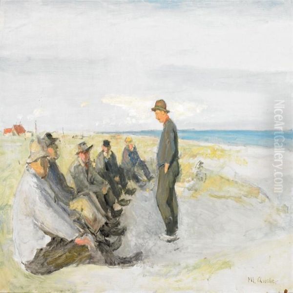 Fishermen, Skagen Beach Oil Painting by Michael Ancher