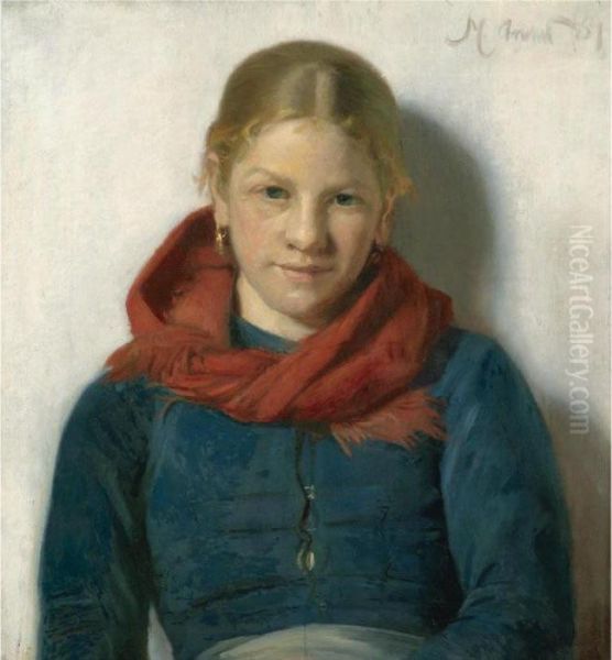 Pige Med Rodt Sjal (skagen Girl In A Red Shawl) Oil Painting by Michael Ancher