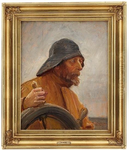 Sailor With Sou'wester At The Helm Oil Painting by Michael Ancher