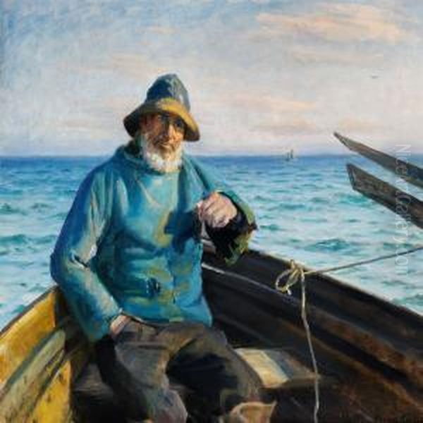 A Fisherman From Skagen Sitting In A Dinghy Oil Painting by Michael Ancher