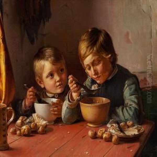 Two Boys At Dinner Oil Painting by Michael Ancher