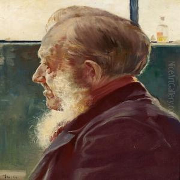 A Man Seen In Profile With A Window And A Bottle In The Background Oil Painting by Michael Ancher