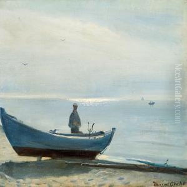 A Fisherman And A Dinghy On The Beach In The Blue Evening Light Oil Painting by Michael Ancher