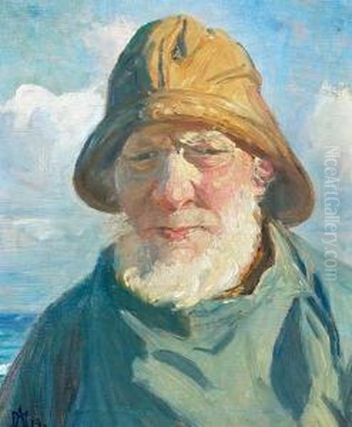 A Portrait Of A Fisherman With 
Sunlight On His Left Chin. Signed M. A. 19. Oil On Plate. 45,5 X 40 Cm Oil Painting by Michael Ancher