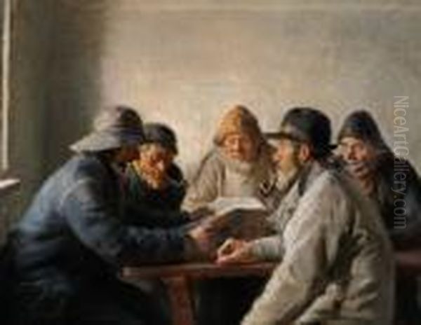 Reading The Newspaper; Five Fishermen Around A Table Oil Painting by Michael Ancher