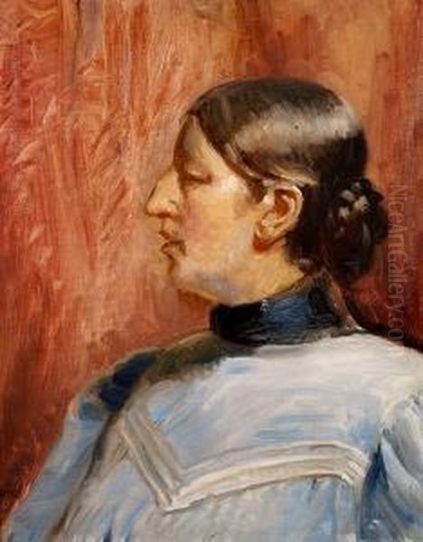 A Portrait Of The Artist's Wife, Anna Ancher, Seen In Profile Oil Painting by Michael Ancher