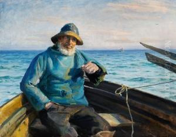 Ancher: A Fisherman From Skagen Sitting In A Dinghy Oil Painting by Michael Ancher