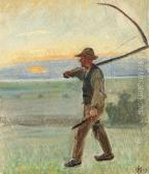 Evening In Skagen With Soren Rytter In The The Field Oil Painting by Michael Ancher